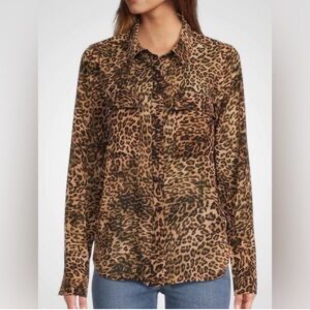 GOOD AMERICAN Georgette Leopard Print Button Down Blouse Size Large